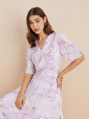 Latin Quarters Women'S Lilac V-Neck Half Sleeves Printed Casual Fit & Flare Dress