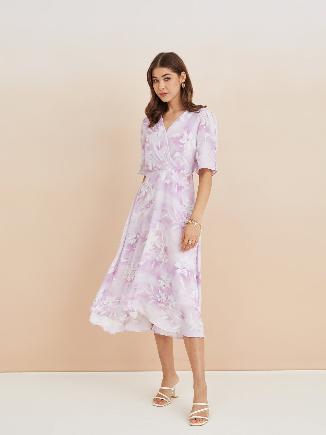 Latin Quarters Women'S Lilac V-Neck Half Sleeves Printed Casual Fit & Flare Dress