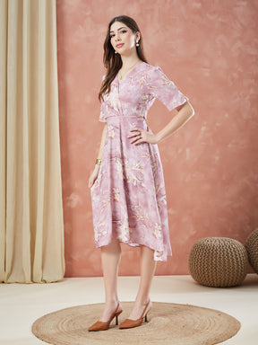 Latin Quarters Women's Pink Half Sleeves Printed V-Neck Casual Dress