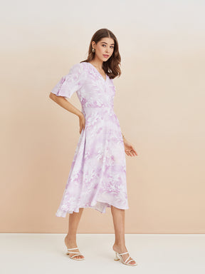 Latin Quarters Women'S Lilac V-Neck Half Sleeves Printed Casual Fit & Flare Dress