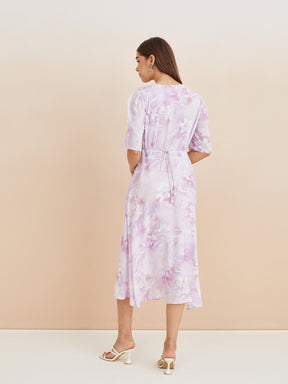 Latin Quarters Women'S Lilac V-Neck Half Sleeves Printed Casual Fit & Flare Dress