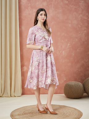 Latin Quarters Women's Pink Half Sleeves Printed V-Neck Casual Dress