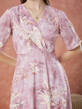 Latin Quarters Women's Pink Half Sleeves Printed V-Neck Casual Dress