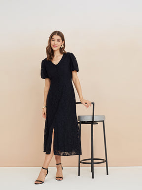 Latin Quarters Women'S Black V-Neck Half Sleeves Lace Party A-Line Dress