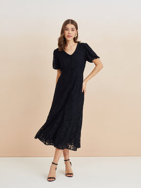 Latin Quarters Women'S Black V-Neck Half Sleeves Lace Party A-Line Dress