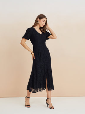 Latin Quarters Women'S Black V-Neck Half Sleeves Lace Party A-Line Dress