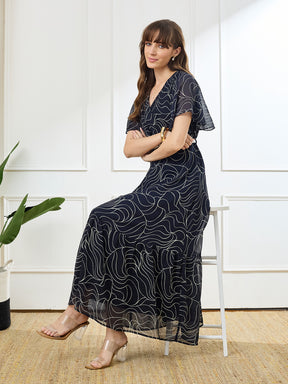 Latin Quarters Women's Blue Half Sleeves V-Neck Casual Printed Dress