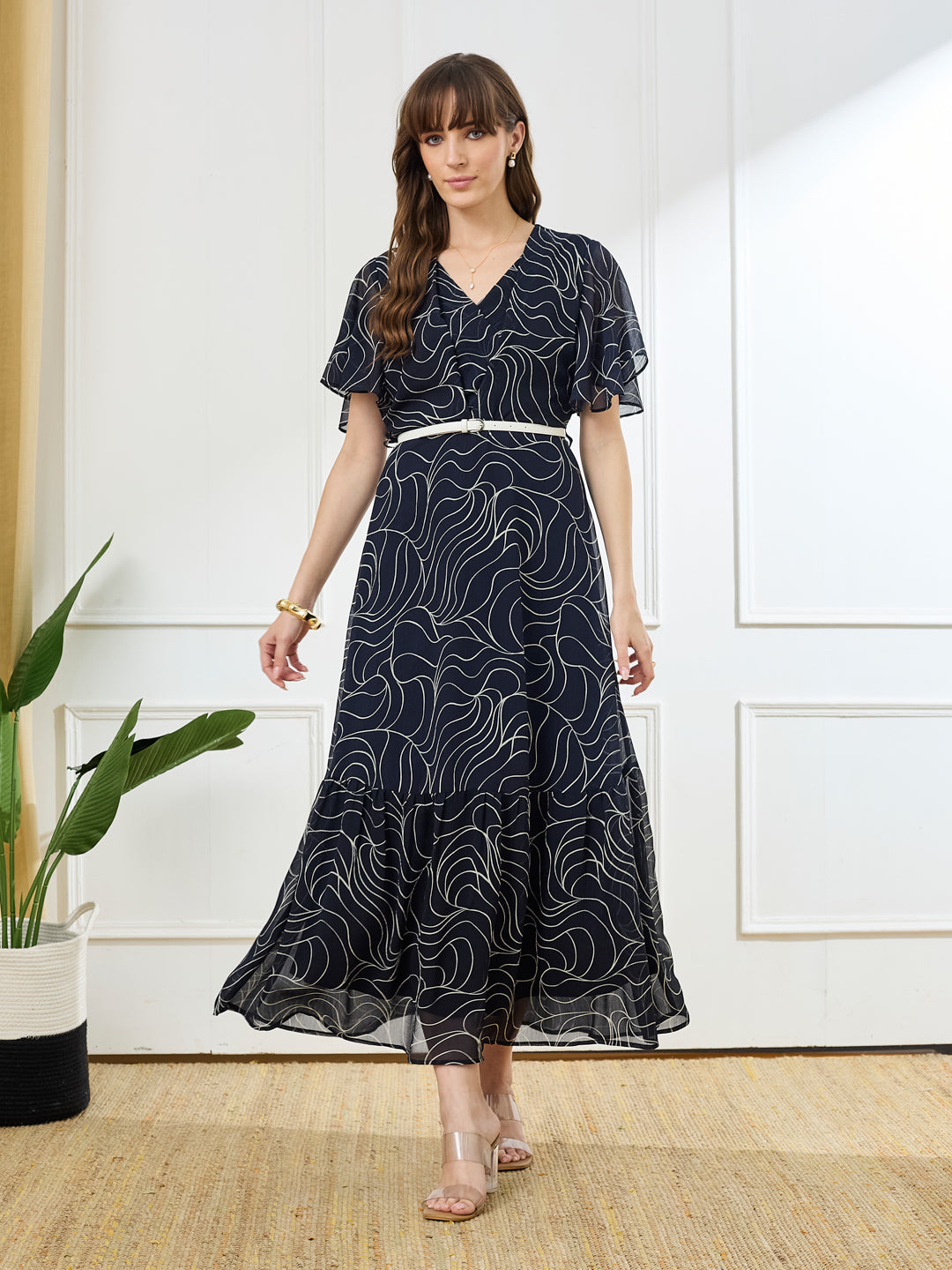 Latin Quarters Women's Blue Half Sleeves V-Neck Casual Printed Dress