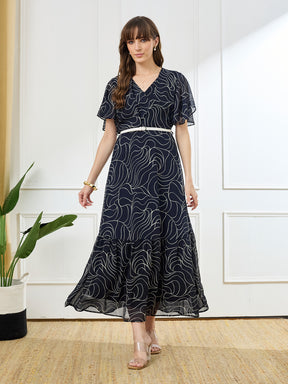 Latin Quarters Women's Blue Half Sleeves V-Neck Casual Printed Dress