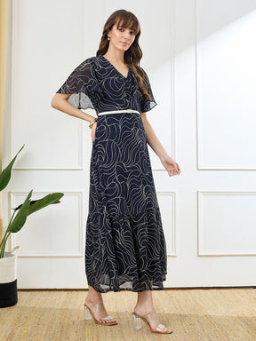 Latin Quarters Women's Blue Half Sleeves V-Neck Casual Printed Dress