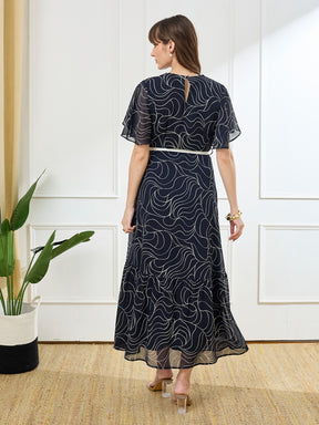 Latin Quarters Women's Blue Half Sleeves V-Neck Casual Printed Dress