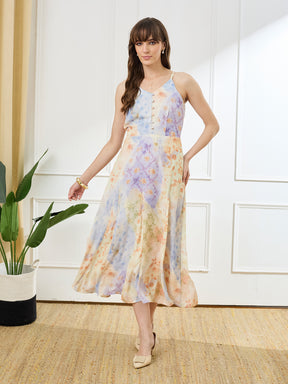 Latin Quarters Women's Yellow Strappy V-Neck Casual Printed Dress