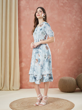 Latin Quarters Women's Grey Half Sleeves Printed V-Neck Casual Dress