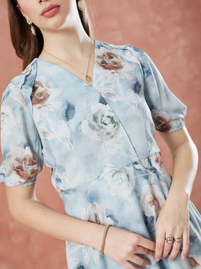 Latin Quarters Women's Grey Half Sleeves Printed V-Neck Casual Dress