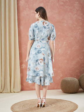 Latin Quarters Women's Grey Half Sleeves Printed V-Neck Casual Dress