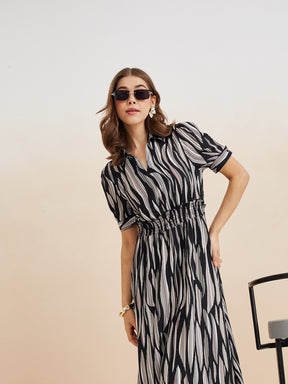 Latin Quarters Women'S Black Collar Neck Half Sleeves Printed Casual A-Line Dress