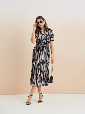 Latin Quarters Women'S Black Collar Neck Half Sleeves Printed Casual A-Line Dress