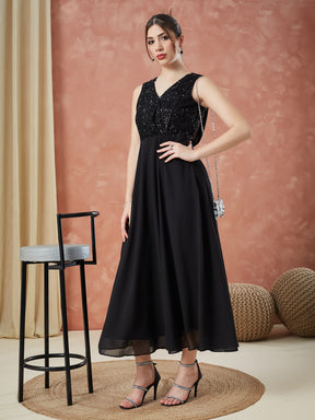 Latin Quarters Women's Black Sleeveless Sequin V-Neck Evening Dress