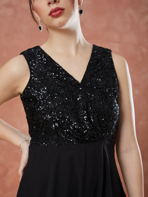 Latin Quarters Women's Black Sleeveless Sequin V-Neck Evening Dress