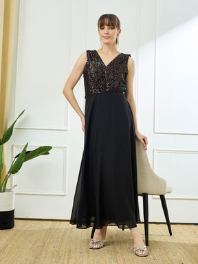 Latin Quarters Women's Black Sleeveless V-Neck Party Embellished Dress