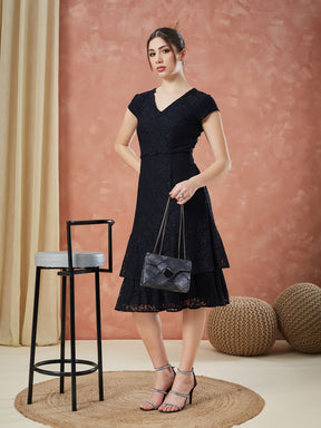 Latin Quarters Women's Black Cap Sleeves Self Design V-Neck Casual Dress