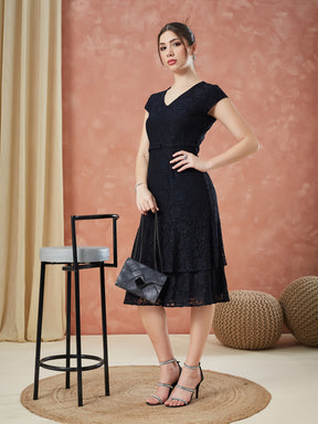 Latin Quarters Women's Black Cap Sleeves Self Design V-Neck Casual Dress