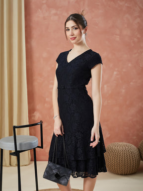 Latin Quarters Women's Black Cap Sleeves Self Design V-Neck Casual Dress