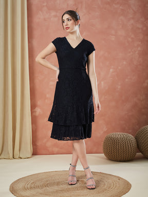 Latin Quarters Women's Black Cap Sleeves Self Design V-Neck Casual Dress