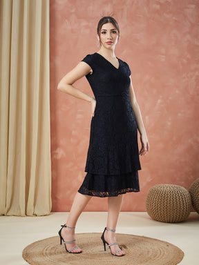 Latin Quarters Women's Black Cap Sleeves Self Design V-Neck Casual Dress