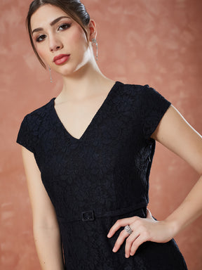 Latin Quarters Women's Black Cap Sleeves Self Design V-Neck Casual Dress