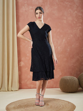 Latin Quarters Women's Black Cap Sleeves Self Design V-Neck Casual Dress