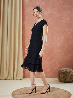 Latin Quarters Women's Black Cap Sleeves Self Design V-Neck Casual Dress