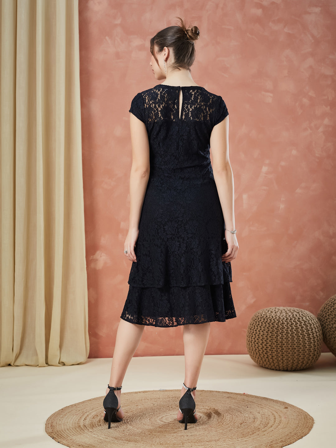 Latin Quarters Women's Black Cap Sleeves Self Design V-Neck Casual Dress