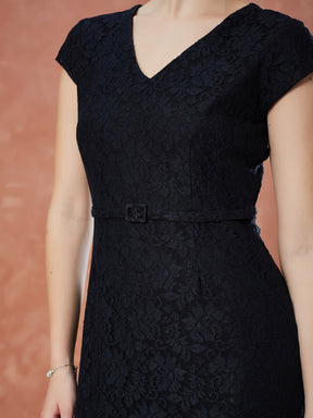 Latin Quarters Women's Black Cap Sleeves Self Design V-Neck Casual Dress