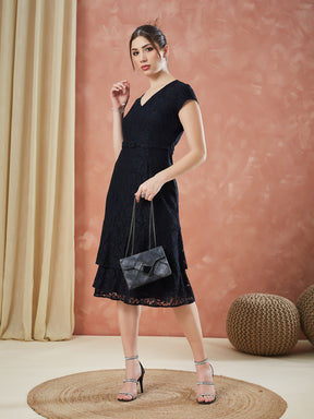 Latin Quarters Women's Black Cap Sleeves Self Design V-Neck Casual Dress