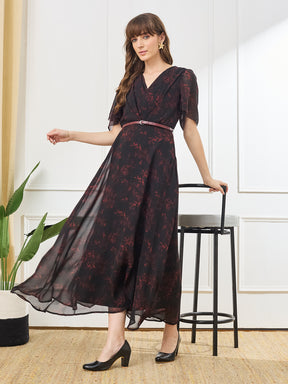 Latin Quarters Women's Black Printed V-Neck Half Sleeve Casual A-Line Dress