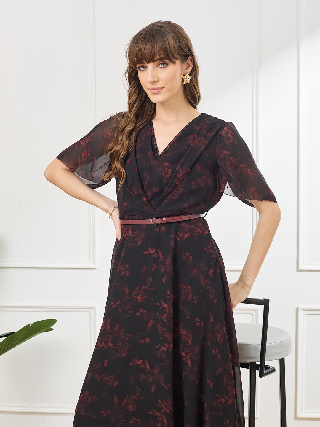 Latin Quarters Women's Black Printed V-Neck Half Sleeve Casual A-Line Dress