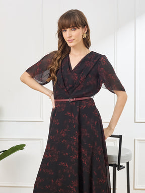 Latin Quarters Women's Black Printed V-Neck Half Sleeve Casual A-Line Dress
