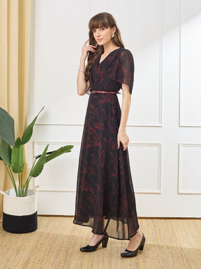 Latin Quarters Women's Black Printed V-Neck Half Sleeve Casual A-Line Dress