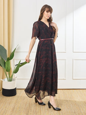 Latin Quarters Women's Black Printed V-Neck Half Sleeve Casual A-Line Dress