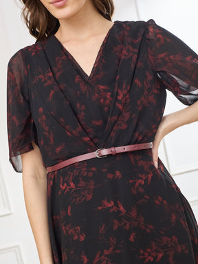 Latin Quarters Women's Black Half Sleeves V-Neck Casual Printed Dress