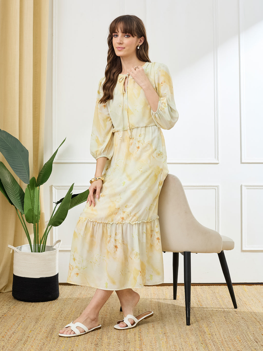 Latin Quarters Women's Yellow 3/4th Sleeves Tie Neck Casual Printed Dress