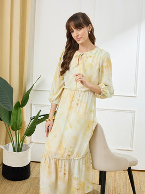 Latin Quarters Women's Yellow 3/4th Sleeves Tie Neck Casual Printed Dress
