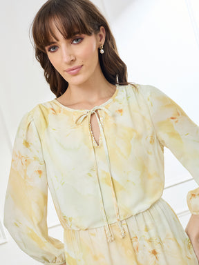 Latin Quarters Women's Yellow 3/4th Sleeves Tie Neck Casual Printed Dress