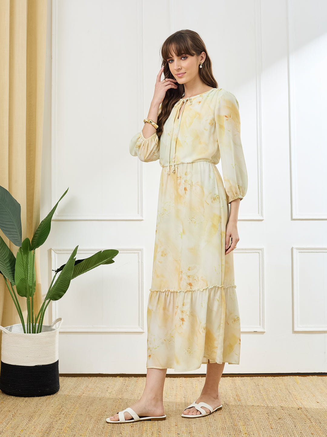 Latin Quarters Women's Yellow 3/4th Sleeves Tie Neck Casual Printed Dress