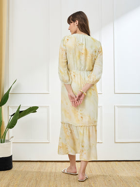 Latin Quarters Women's Yellow 3/4th Sleeves Tie Neck Casual Printed Dress