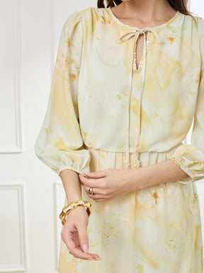 Latin Quarters Women's Yellow 3/4th Sleeves Tie Neck Casual Printed Dress