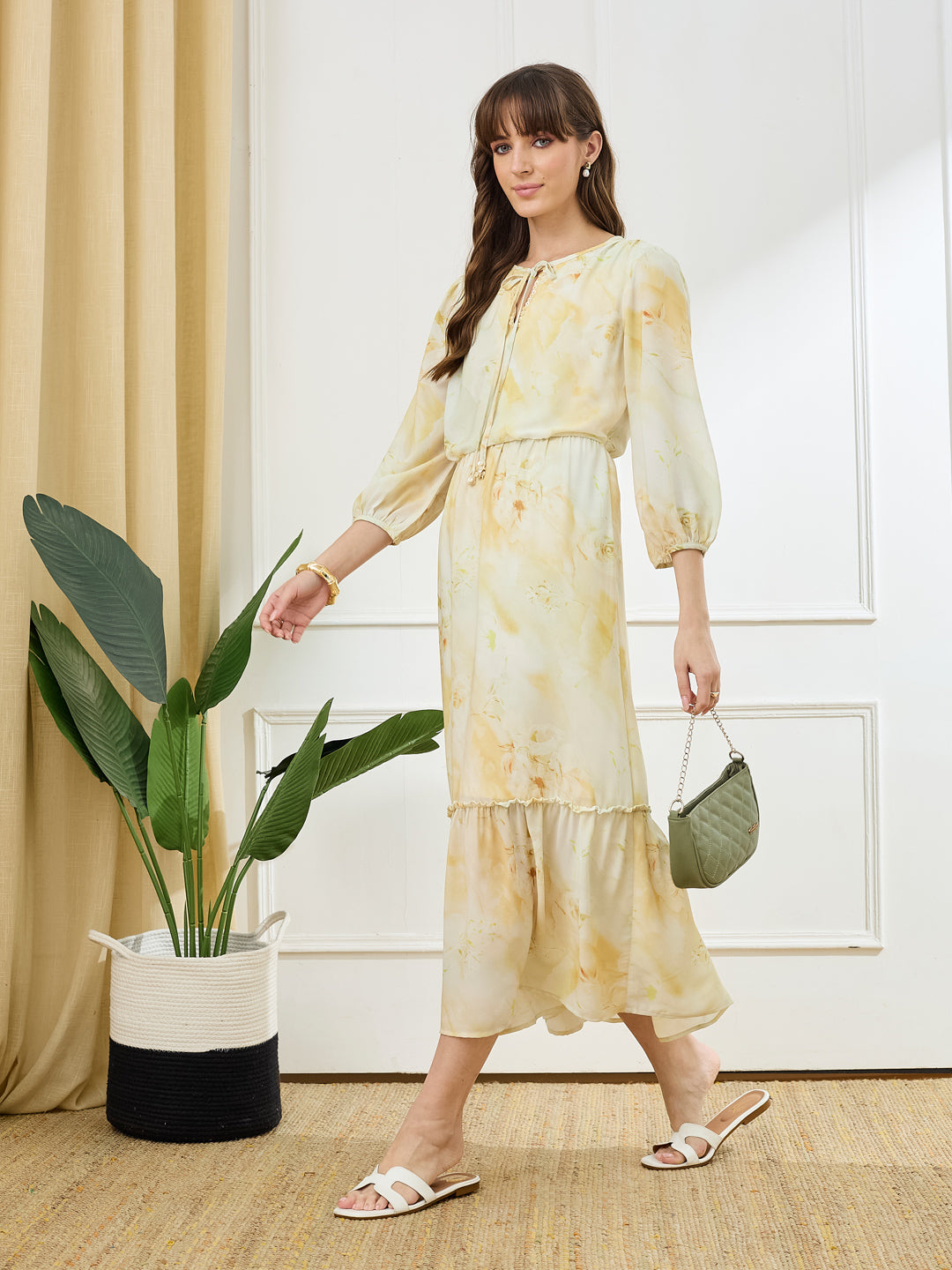 Latin Quarters Women's Yellow 3/4th Sleeves Tie Neck Casual Printed Dress