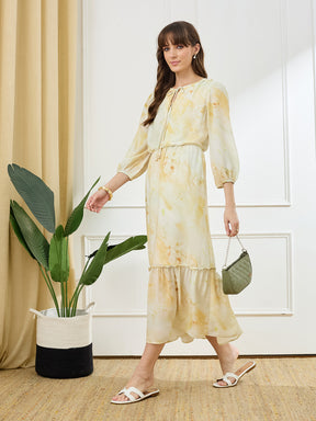 Latin Quarters Women's Yellow 3/4th Sleeves Tie Neck Casual Printed Dress