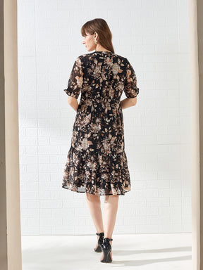 Latin Quarters Women's Black Half Sleeves V-Neck Printed Casual Midi Dress